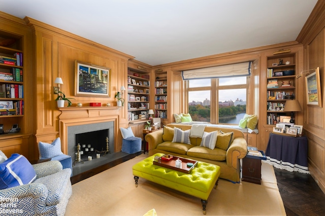 living area featuring built in shelves and wooden walls