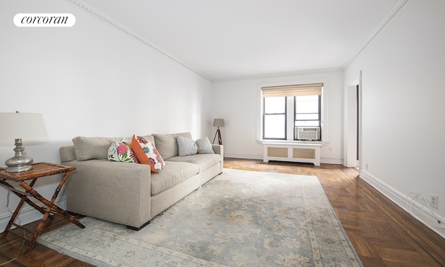 unfurnished living room featuring cooling unit, radiator, crown molding, and parquet flooring