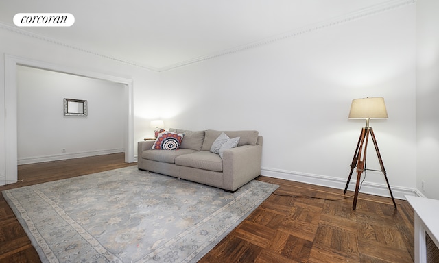 living room with dark parquet floors