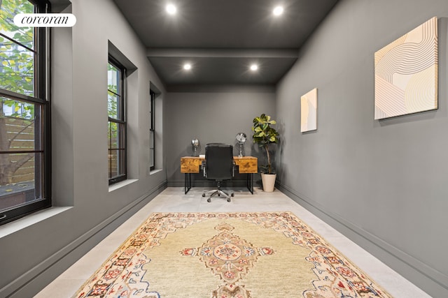 office area featuring baseboards and recessed lighting