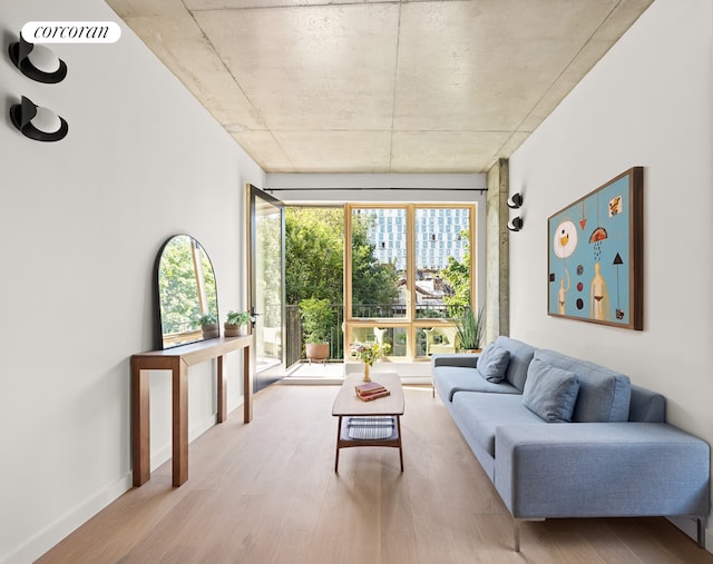 living room featuring wood finished floors and baseboards