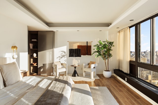 bedroom featuring a raised ceiling and wood-type flooring