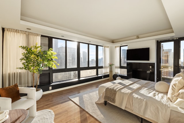 bedroom with a raised ceiling and wood-type flooring