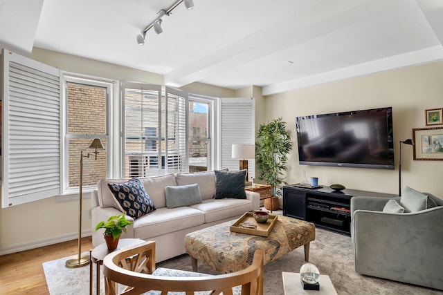 living room featuring rail lighting, baseboards, wood finished floors, and beamed ceiling