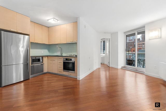 kitchen with tasteful backsplash, appliances with stainless steel finishes, a sink, and wood finished floors