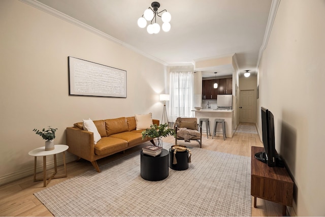 20 E 88th St Unit 2B, New York City, NY 10128 - living area with crown molding, light wood-style floors, and a chandelier