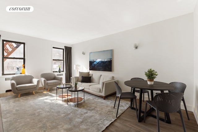 living room featuring dark hardwood / wood-style flooring and radiator