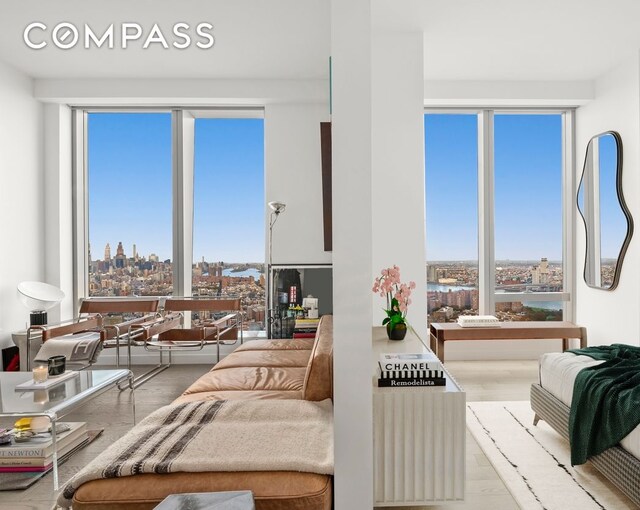 living area with a wealth of natural light and a view of city