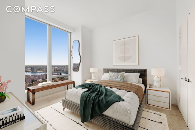 bedroom featuring a water view and wood finished floors