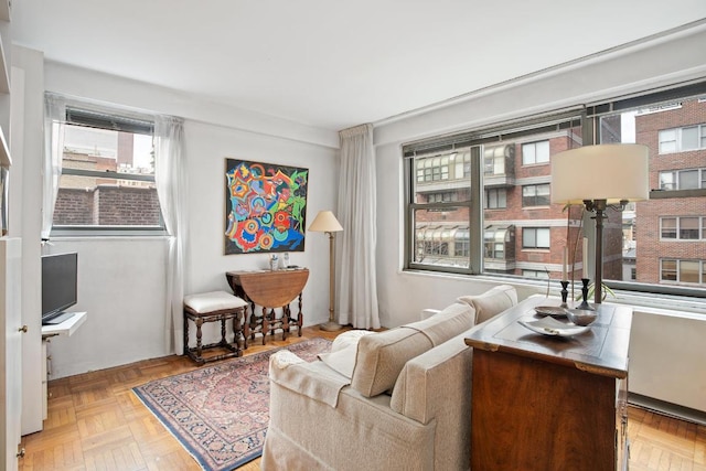 sitting room featuring light parquet flooring