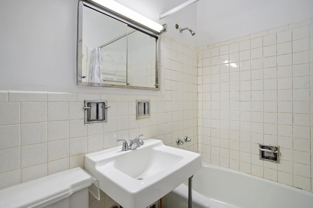 360 E 72nd St Unit B804, New York City, NY 10021 - full bathroom featuring tile walls and shower / bathtub combination with curtain