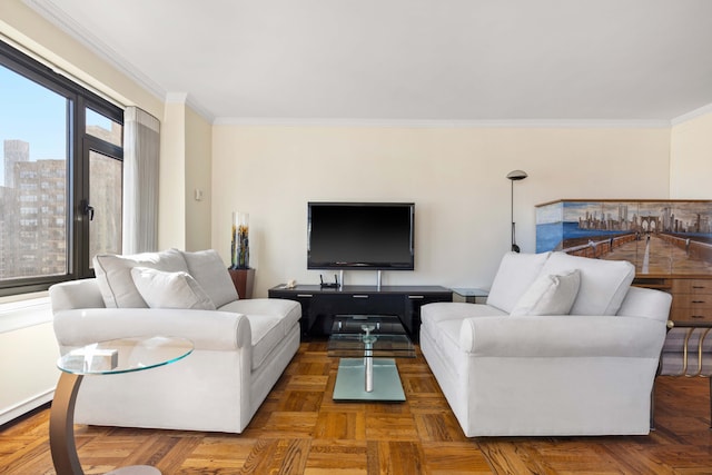 living area featuring a city view and ornamental molding