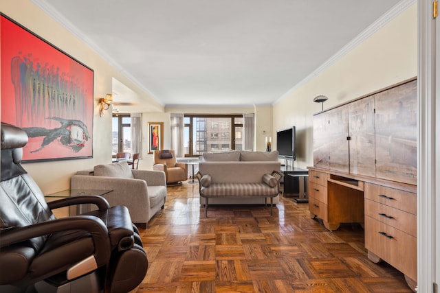 living room with ornamental molding, built in desk, and dark parquet floors