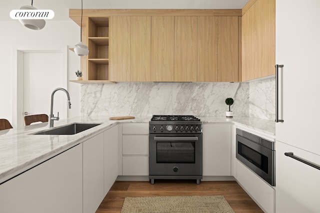 kitchen featuring stainless steel appliances, a sink, light stone counters, and wood finished floors