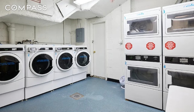 common laundry area featuring stacked washer and dryer, independent washer and dryer, and electric panel