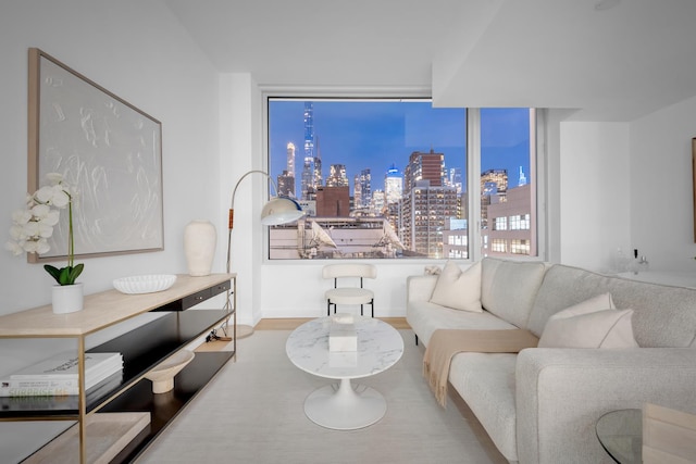 611 W 56th St Unit 7A, New York City, NY 10019 - living area featuring a skyline view and wood finished floors