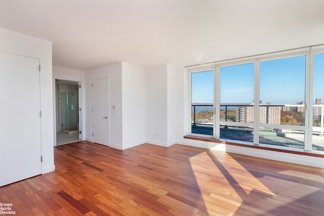 spare room featuring wood-type flooring, plenty of natural light, and floor to ceiling windows