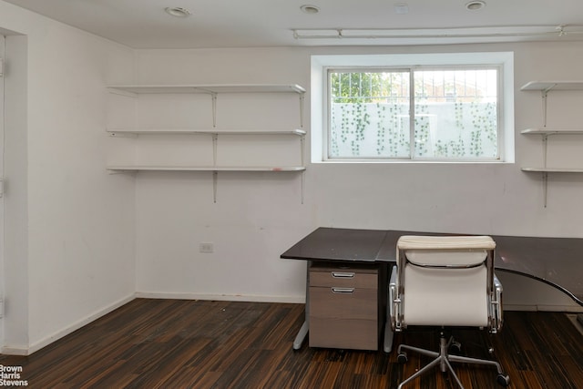 home office featuring dark wood-style floors and baseboards