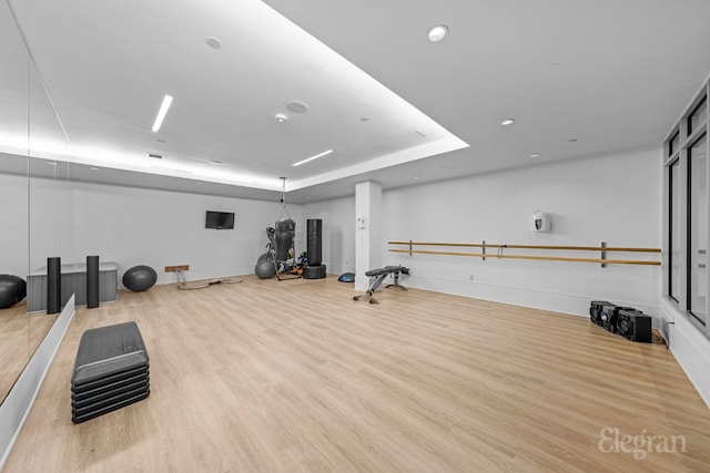 workout room with light hardwood / wood-style flooring