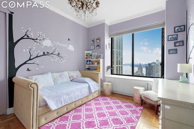 bedroom with an inviting chandelier, parquet floors, and crown molding