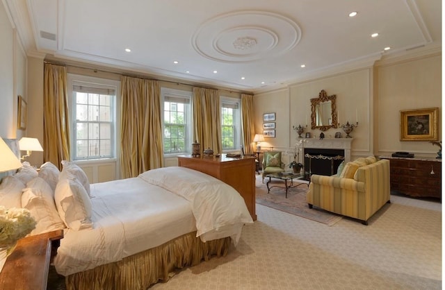 6 E 69th St, New York City, NY 10021 - bedroom featuring light carpet, crown molding, a fireplace, and recessed lighting