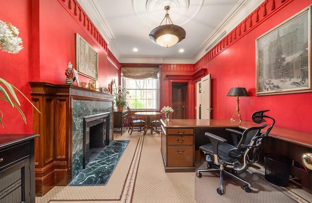6 E 69th St, New York City, NY 10021 - carpeted office space with a high end fireplace and crown molding