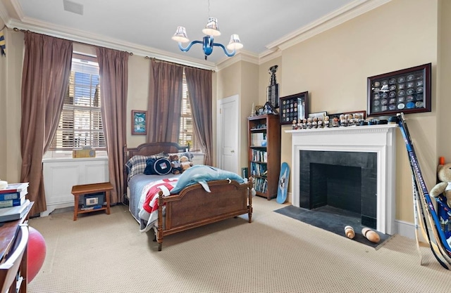 6 E 69th St, New York City, NY 10021 - bedroom featuring carpet floors, a chandelier, crown molding, and a fireplace with flush hearth