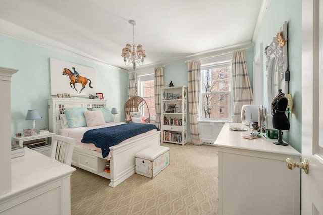 6 E 69th St, New York City, NY 10021 - bedroom with ornamental molding, a chandelier, and light colored carpet