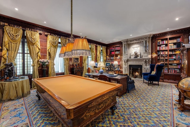 game room with pool table, crown molding, and carpet flooring