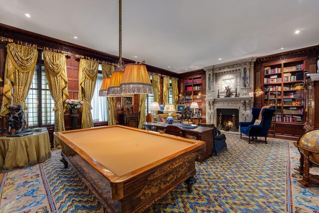 4 E 80th St, New York City, NY 10075 - game room featuring crown molding, pool table, a lit fireplace, and plenty of natural light