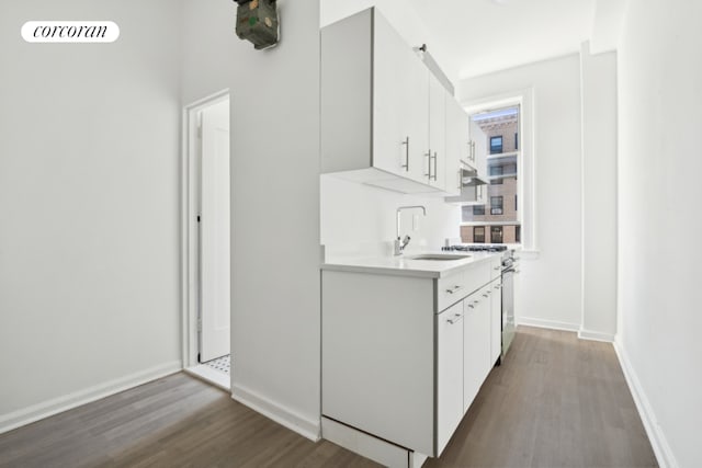 kitchen with dark wood-type flooring, sink, and white cabinetry