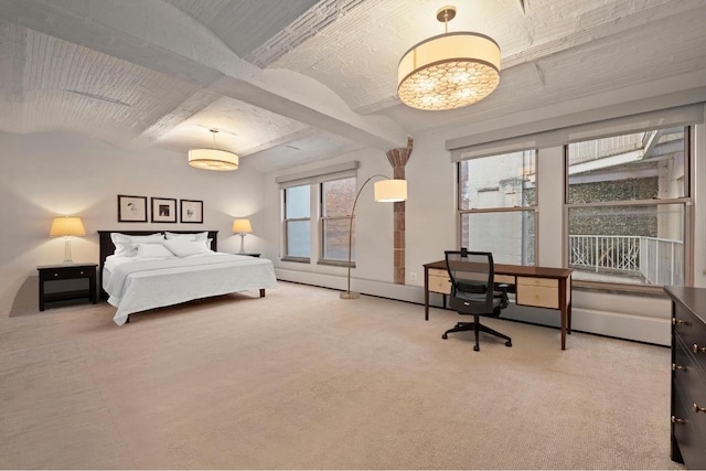 bedroom with brick ceiling and beam ceiling