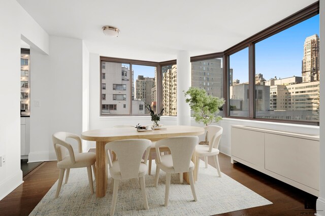 dining space with dark wood-type flooring