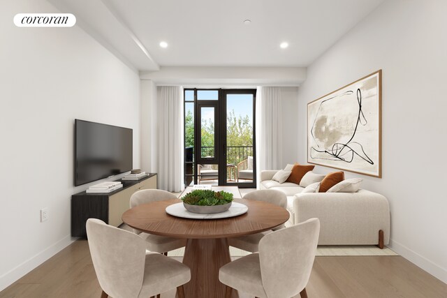 20-08 Steinway St Unit 301, New York City, NY 11105 - dining area featuring light wood-type flooring, baseboards, visible vents, and recessed lighting