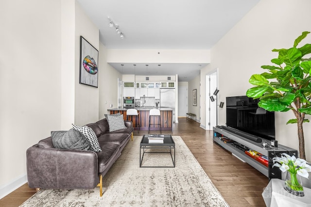 living room featuring dark wood-type flooring, sink, and track lighting