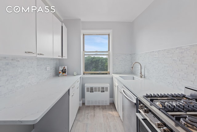 kitchen with light stone counters, radiator heating unit, a sink, light wood-type flooring, and dishwasher