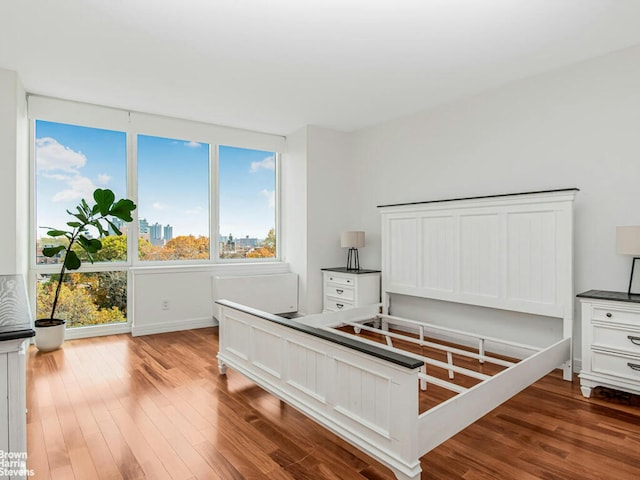 bedroom featuring wood finished floors and a city view