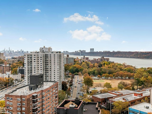 aerial view with a city view and a water view