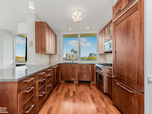 kitchen with decorative backsplash, light wood-style floors, a sink, dark stone countertops, and high quality appliances