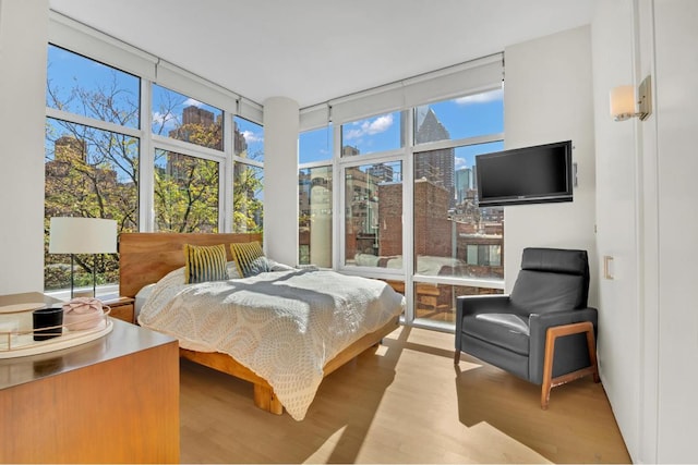 bedroom with expansive windows and light wood-type flooring