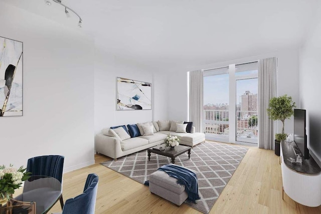 living area featuring track lighting, baseboards, and wood finished floors