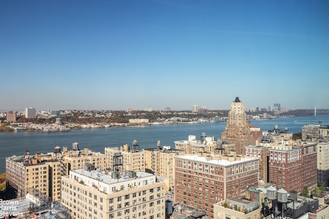 view of water feature with a city view