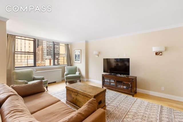 living area with ornamental molding, baseboards, and wood finished floors