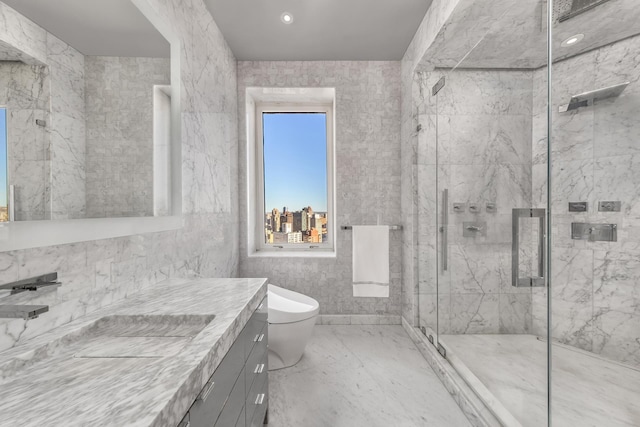 full bath with a view of city, marble finish floor, a marble finish shower, toilet, and vanity