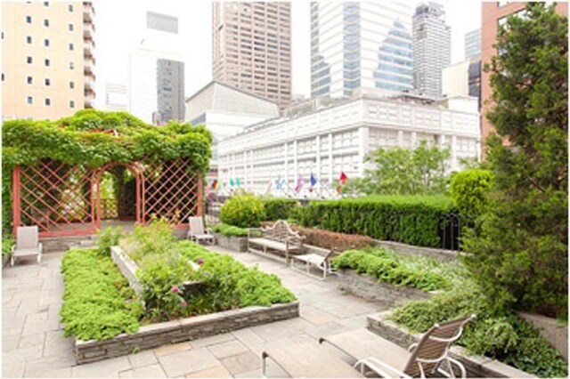 exterior space with a view of city, a patio, and a vegetable garden