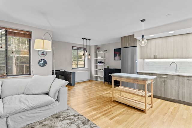 living room featuring light hardwood / wood-style flooring and sink