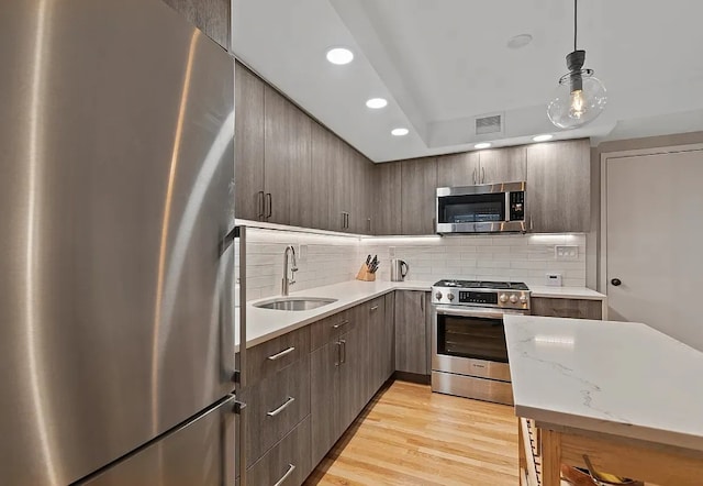 kitchen featuring pendant lighting, stainless steel appliances, light hardwood / wood-style floors, sink, and backsplash