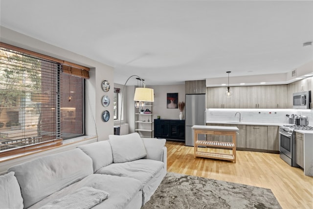 living room featuring sink and light hardwood / wood-style floors