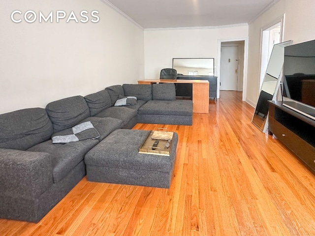 living room with hardwood / wood-style flooring and ornamental molding