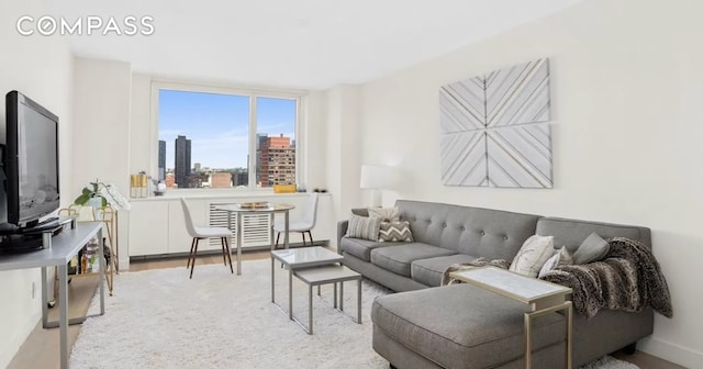 living area featuring baseboards, a view of city, and light wood finished floors